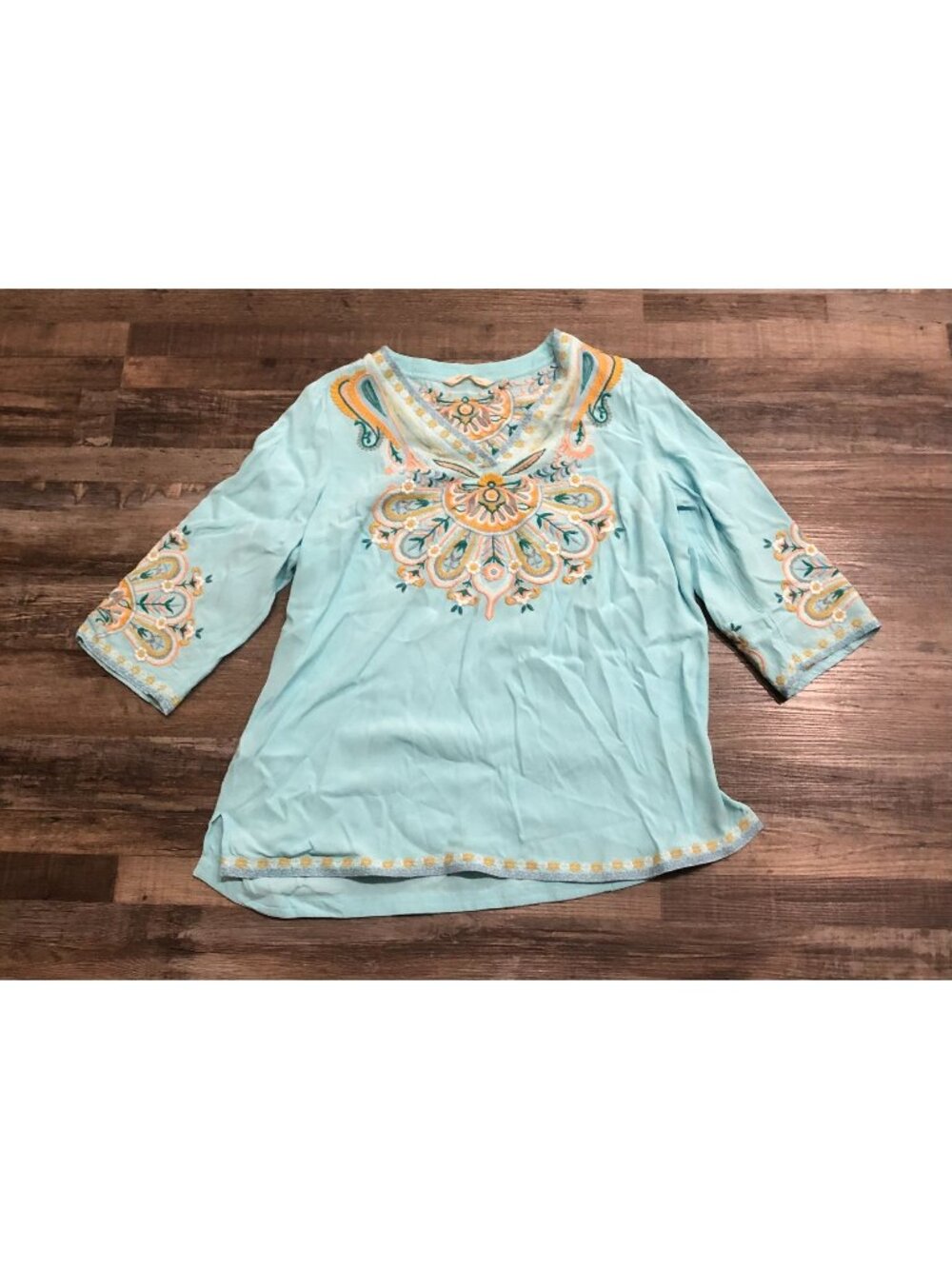 Soft Surroundings Womens Petite Medium Boho Style Tunic Top Shirt Blue